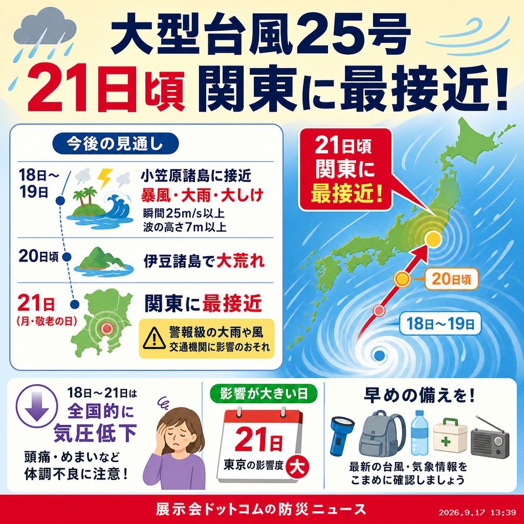 議員webニュース 台風25号、21日に関東接近か