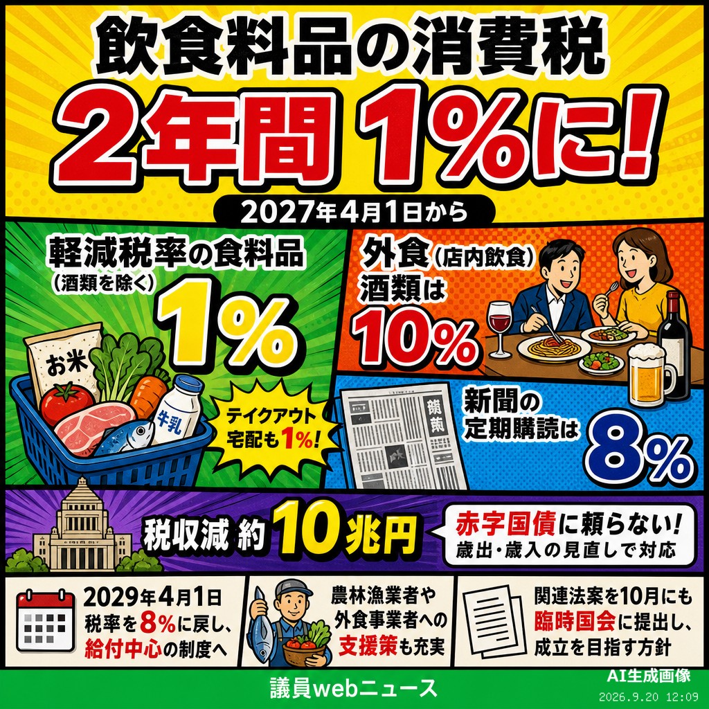 議員webニュース 飲食料品消費税、27年4月から1%へ 2年間