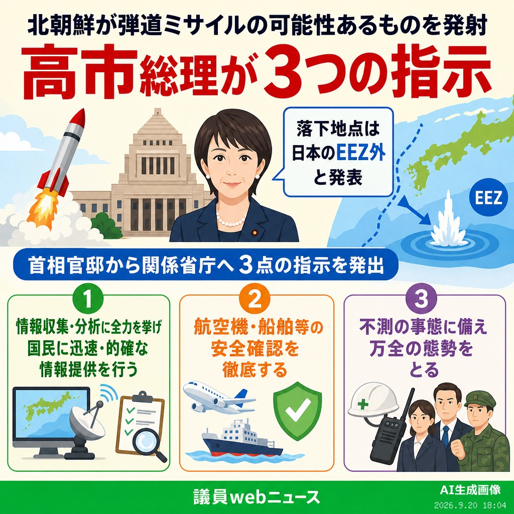 議員webニュース 北朝鮮弾道ミサイルの可能性、総理指示