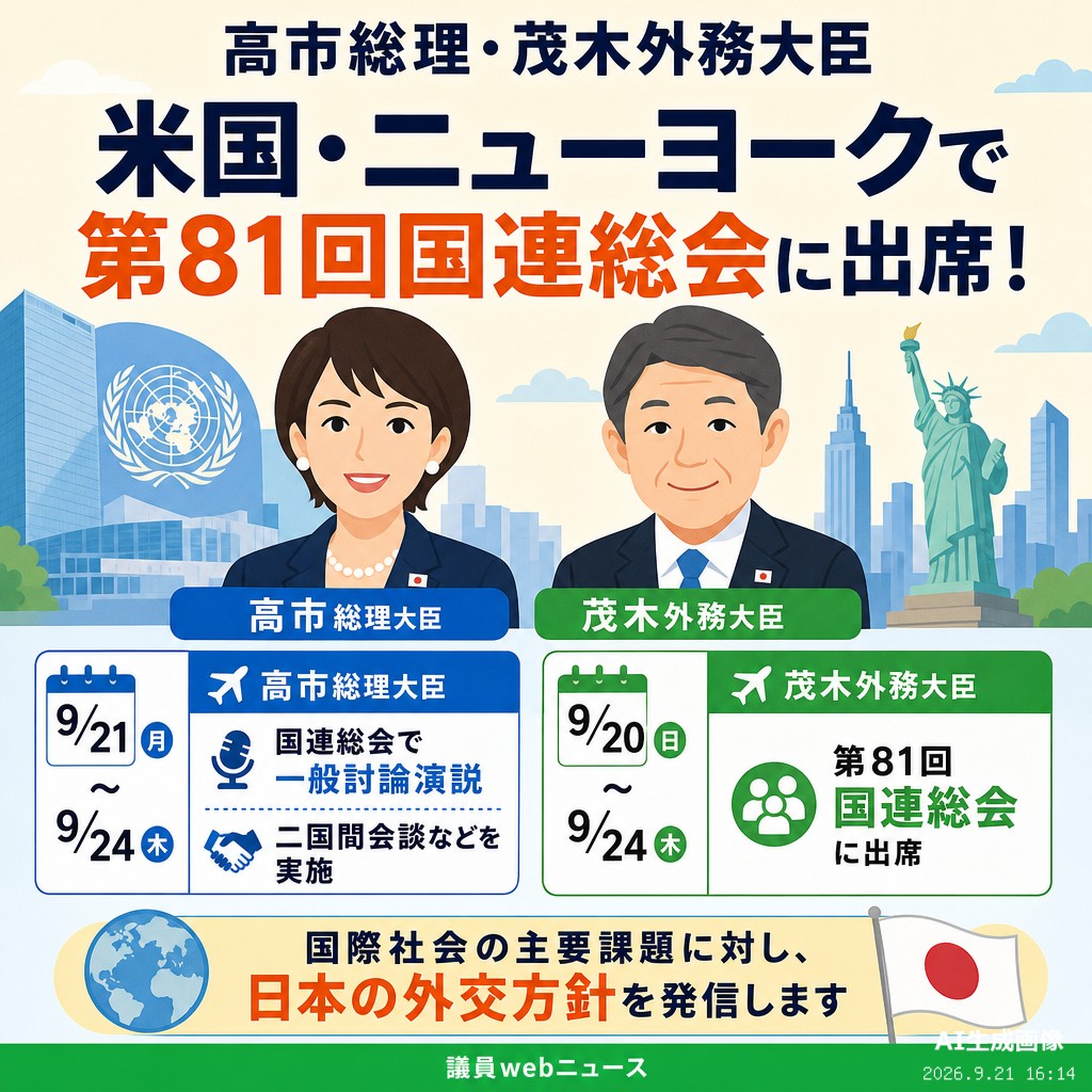 議員webニュース 高市総理と茂木外相、第81回国連総会出席へ