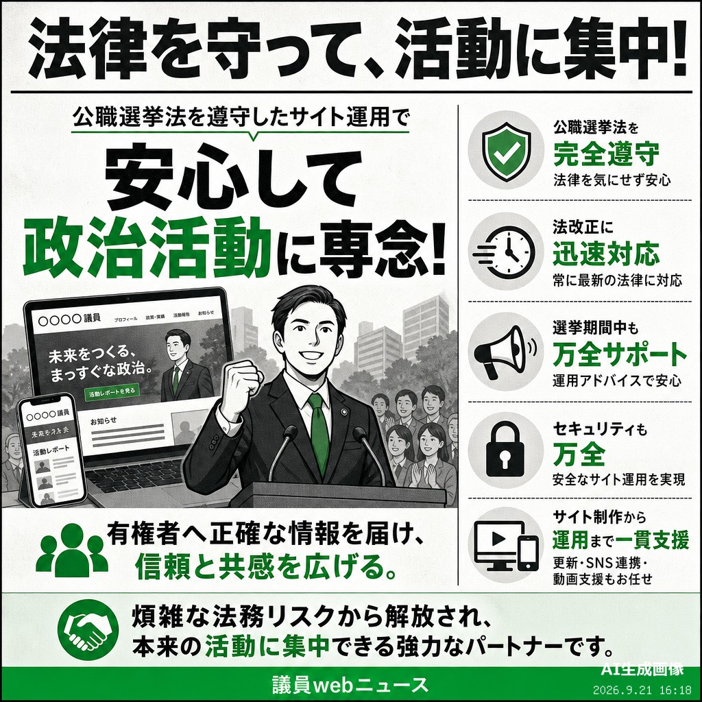 議員webニュース 公選法遵守で安心！政治活動に専念