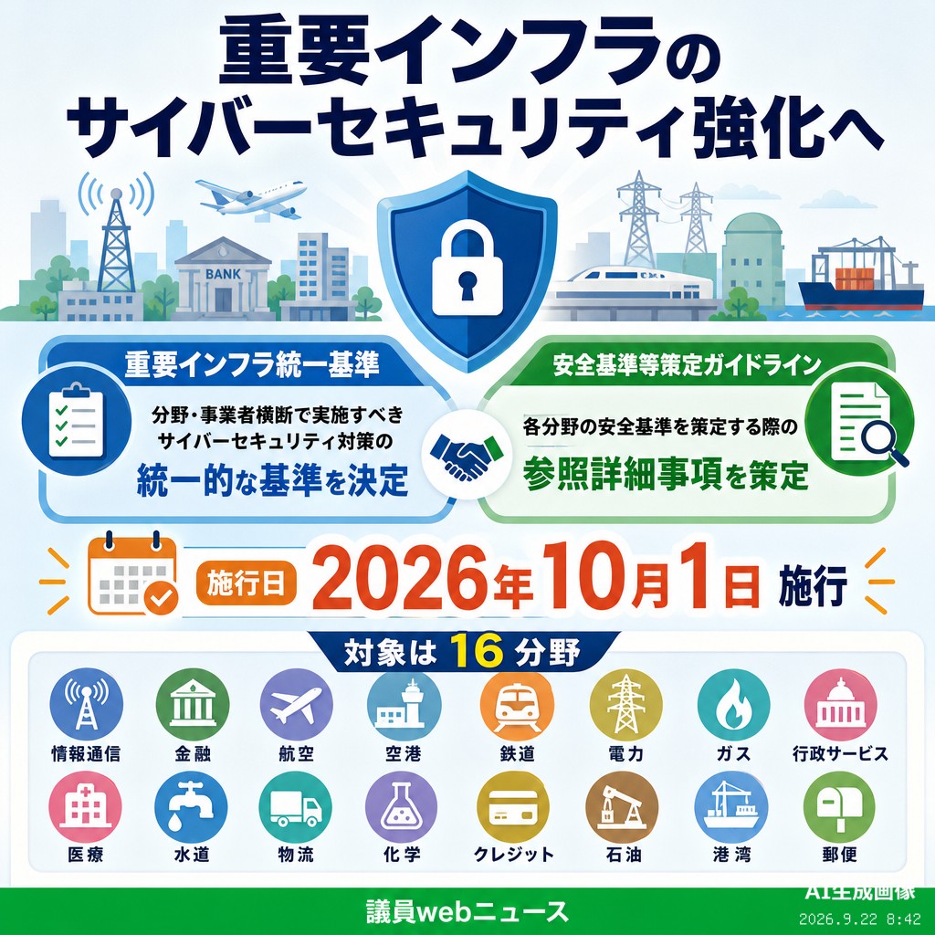 議員webニュース 重要インフラサイバー統一基準、2026年10月施行